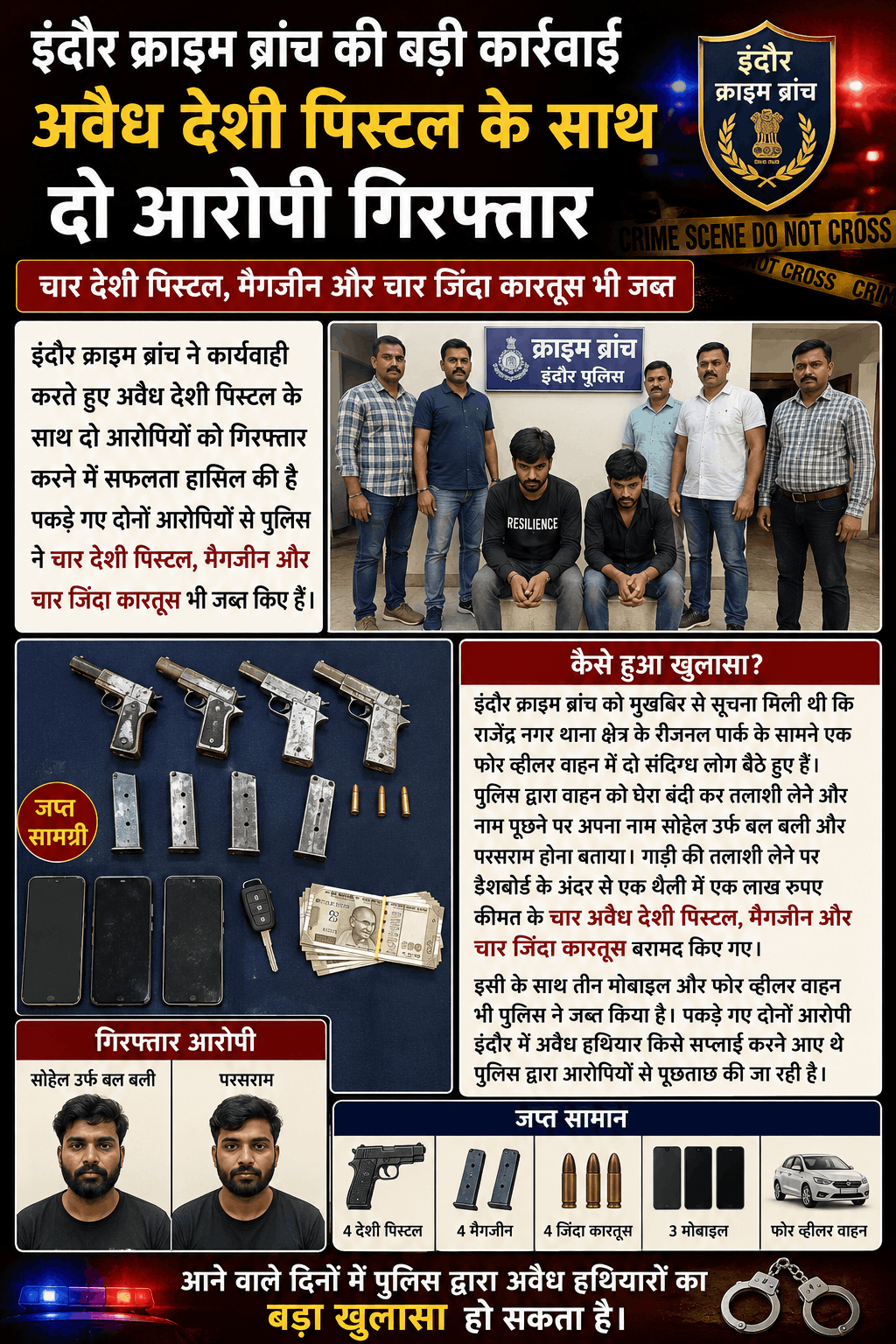 इंदौर में 4 अवैध पिस्टल संग दो तस्कर गिरफ्तार