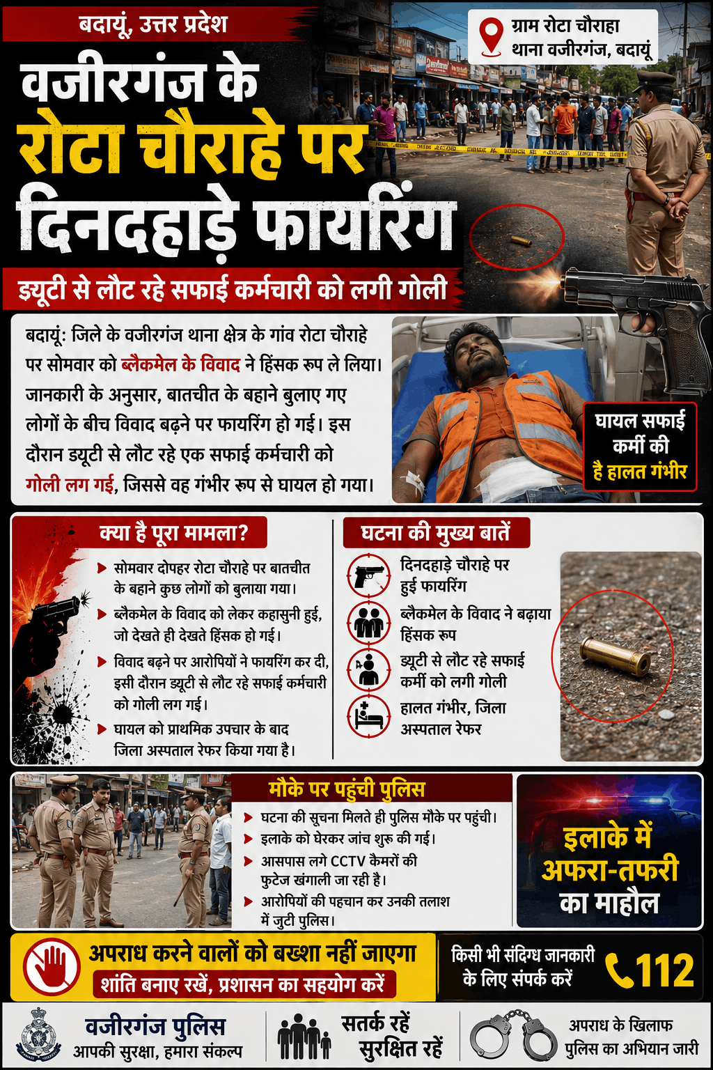 बदायूं: रोटा चौराहे पर दिनदहाड़े फायरिंग, सफाई कर्मचारी को लगी गोली