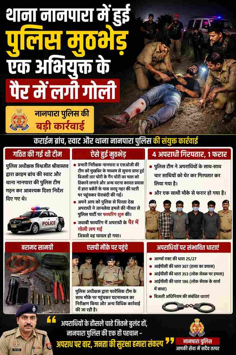 नानपारा में पुलिस मुठभेड़, एक बदमाश के पैर में लगी गोली; 4 गिरफ्तार